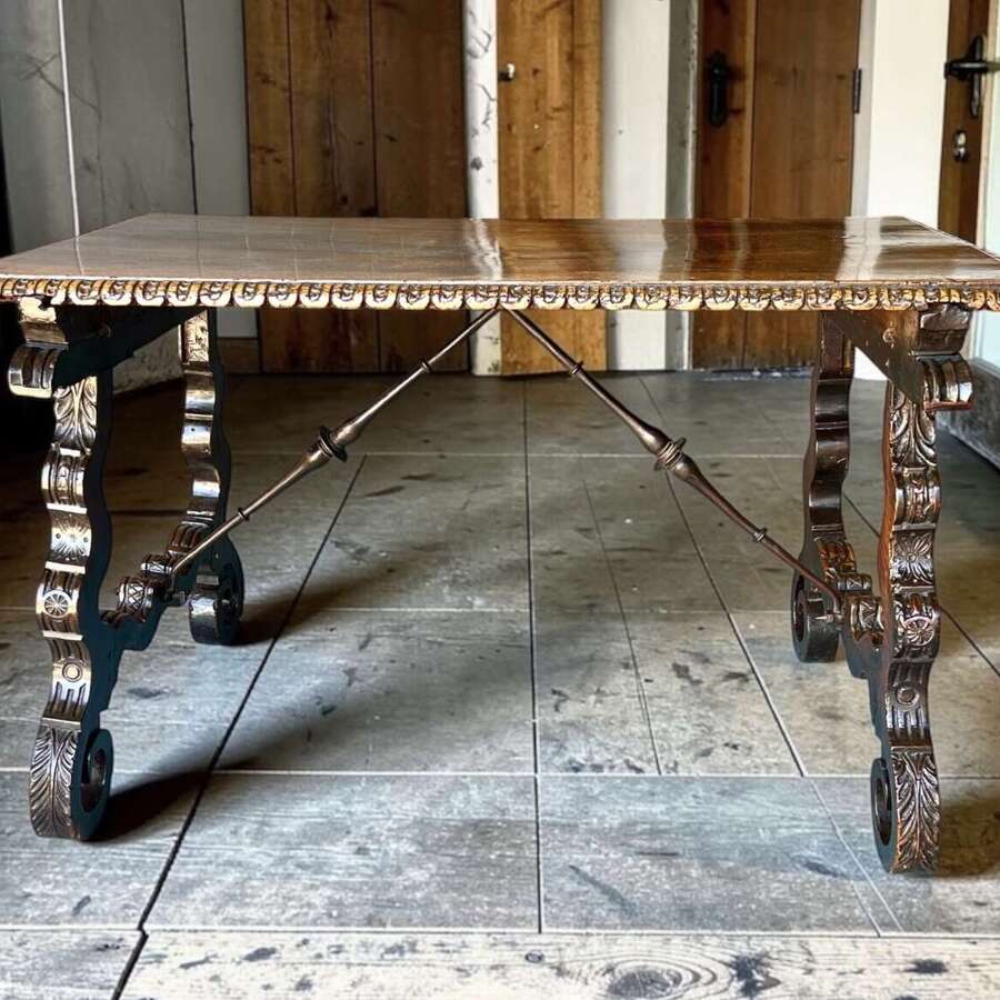 17th Century Spanish Walnut Folding Table With Iron Cross Stretcher Base