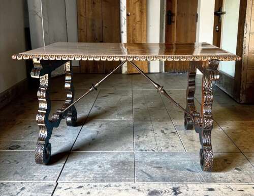 17th Century Spanish Walnut Folding Table With Iron Cross Stretcher Base