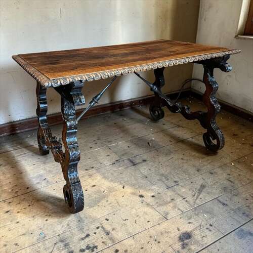 17th Century Spanish Walnut Folding Table With Iron Cross Stretcher Base