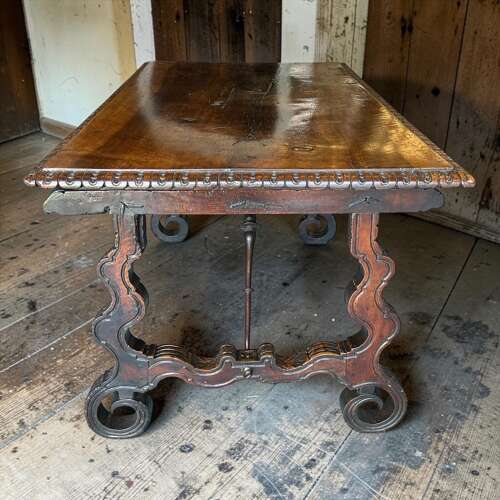 17th Century Spanish Walnut Folding Table With Iron Cross Stretcher Base